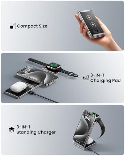 Hohosb Foldable 3-in-1 Magnetic Wireless Charger Station – Premium Zinc Alloy Design for i Phone 15/14/13/12, Air Pods Pro/3/2, and Apple Watch – Mag Safe Compatible, Fast Charging, and Travel-Friendly Solution for All Your Devices (Blue)