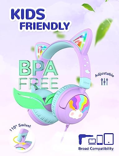 Colorful LED Cat Headphones for Kids – Safe 85 d B Volume Limit, USB-C Compatible, Perfect for Travel & Learning, Premium Stereo Sound for Tablets & i Pads, Durable & Stylish Design