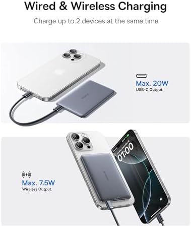 Baseus Picogo 5000 m Ah Ultra-Slim Magnetic Power Bank – Card-Sized Wireless Fast Charger for i Phone 16/15/14/13/12, Lightweight Alloy Battery Pack with USB-C Braided Cable for Effortless On-the-Go Charging