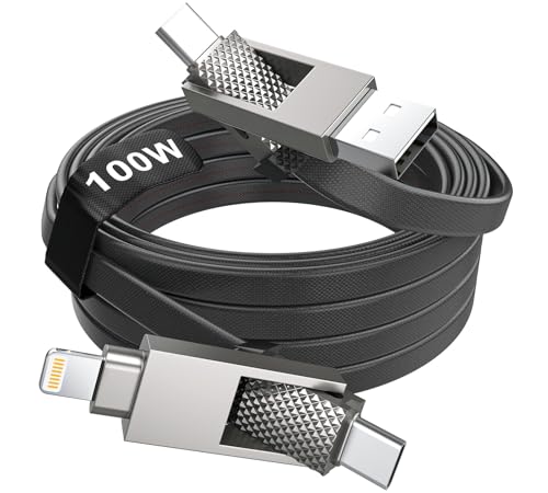 Versatile 10 FT 4-in-1 USB C Fast Charging Cable – 100 W Power Delivery with Lightning, USB-C, and USB-A Ports – Multi-Device Charger for i Phone, Samsung, Mac Book, and i Pad – Quick Data Sync and Durable Design for Ultimate Convenience