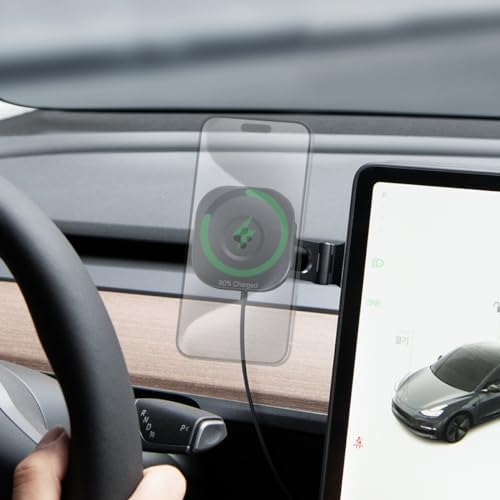 Spigen One Tap Pro 3 Wireless Car Charger for Tesla – Ultimate Mag Safe Compatibility with Fast Charging for i Phone – Sleek Screen Mount for Safe Navigation and Effortless Power on the Road