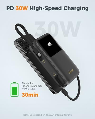 TESSAN 10000 m Ah Fast Charging Portable Power Bank with Built-in USB-C Cable – Compact Battery Pack for i Phone 16/15, Samsung & Tablets – Ultimate Travel Companion with Universal Compatibility & Rapid Recharge Technology