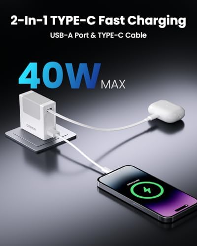 Revolutionary 40 W Fast Charging Portable USB Phone Charger Block with Retractable 31.5-inch Lightning Cable – Compact Wall Adapter with USB-C Port and Foldable Plug for i Phone 14/13/12, Perfect for Travel and Everyday Use