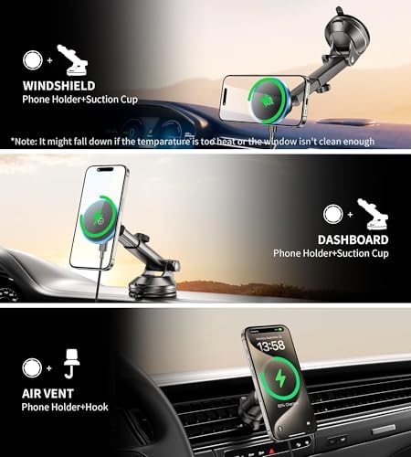 Mag Safe Wireless Car Charger Mount – Ultimate Magnetic Phone Holder for i Phone 12-16 Series, Dash/Windshield/Vent Compatibility, Enhanced Quick Charge with LED Light for Safe Navigation and Seamless Connectivity