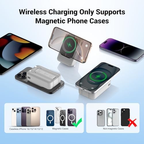 26800 m Ah Magnetic Wireless Power Bank with PD 22.5 W Fast Charging – Multi-Device Portable Charger for i Phone 16/15/14/13/12 Series – Built-in Cables, Kickstand, LED Power Indicator – Universal Compatibility for Smartphones and Tablets – Safe, Efficient Charging Solution in Sleek White Finish