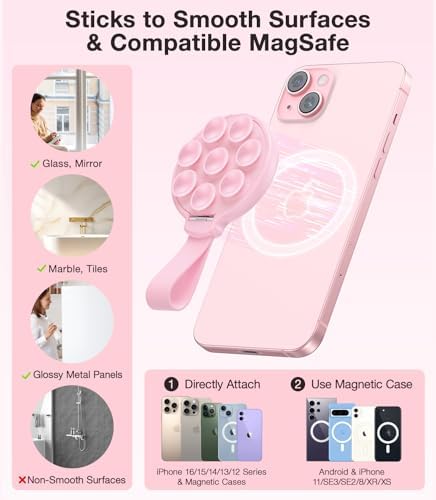 Revolutionary Mag Safe-Compatible Magnetic Phone Mount – Premium Silicone Suction Cup Holder for i Phone 16 Pro Max/15/14/13/12 Series – Essential Hands-Free Grip for Content Creators & Influencers – Stylish Pink Design for Optimal Stability and Versatility