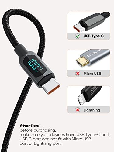 6.6 FT USB C to USB C Cable with LED Wattage Display – High-Speed 100 W PD Charging & Data Transfer, Durable Braided Design for i Pad, Mac Book, Galaxy S23/S22/S21, Pixel, Steam Deck, PS5 – Ultimate Connectivity Solution in Sleek Black