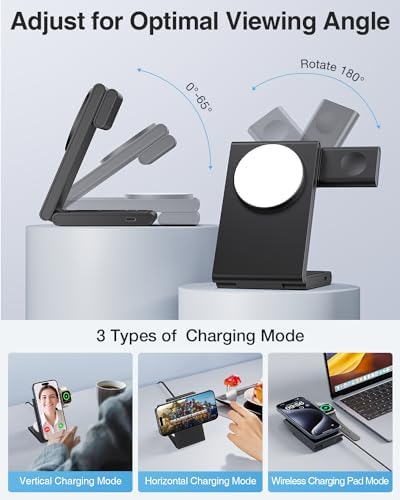 Revolutionary 3-in-1 Foldable Magnetic Wireless Charging Station with PD 20 W USB-C Adapter – Ultimate Compatibility for i Phone 16/15/14/13/12 Series, Apple Watch, and Air Pods in Sleek Black Finish, Perfect for Home and Travel Efficiency