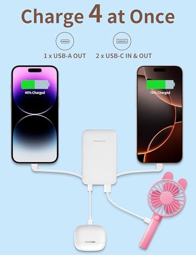 Ultra-Slim 5000 m Ah Power Bank with Built-In USB-C Cables – Dual Charging External Battery Pack for i Phone & Android – Lightweight Travel Companion in Black & Pink – Effortless Portability and Enhanced Device Compatibility