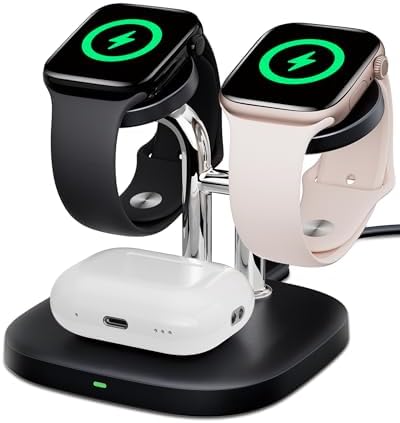 Revolutionize Your Charging Routine with the Swan Scout 3-in-1 Wireless Charging Station – Fast Dual Charger for Apple Watch Ultra 2/10/9 & Air Pods Pro 2/3/2 in Elegant White and Silver – Compact Design, Rapid Power Boosts, and Enhanced Safety Features for Modern Living