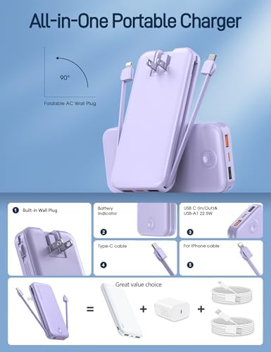Ultra-Fast Charging Portable Power Bank with Built-In Cable and AC Plug – 12,000 m Ah USB C Travel Charger for i Phone and Android Devices – Lightweight, Compact Design for On-the-Go Power Solutions