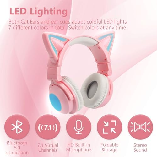Cat Ear Bluetooth Headphones – Lightweight Over-Ear Gaming Headset with RGB Lighting for Kids & Adults, Unmatched Comfort for Gaming, Music & Calls, Seamless Wireless Connectivity with i Phone, i Pad, Laptop & PC, High-Quality Sound for Immersive Listening Experiences