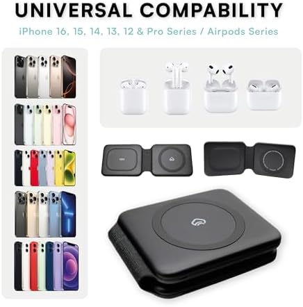 Magnetic Wireless Charging Pad – 2-in-1 Portable Charger for Mag Safe, Perfect Travel Solution for i Phone 16, 15, 14, 13 Pro Max & Air Pods – Compact Foldable Design with Enhanced Speed & Compatibility for On-the-Go Power Needs