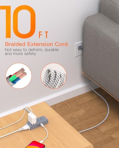 BESHON 10 ft Flat Plug Extension Cord with 4 Wide Outlets & 3 USB Ports (2 USB-C) – Versatile Power Strip for Home, Office & Dorm – Space-Saving Design with Surge Protection & Fast Charging Capabilities