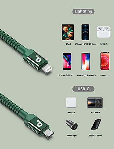 6 FT MFi Certified USB-C to Lightning Charging Cable Pack – Rapid Charge & Data Sync for i Phone 13, 12, 11 Pro Max, SE, & i Pad 8 th Gen – Durable Green Cords for Enhanced Flexibility & Style