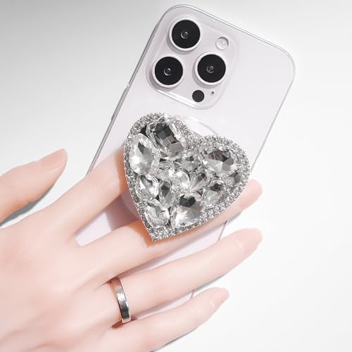 Elegant Heart-Shaped Diamond Phone Grip and Stand – Chic Collapsible Mobile Accessory for Secure Handling and Stylish Functionality (Silver Small)