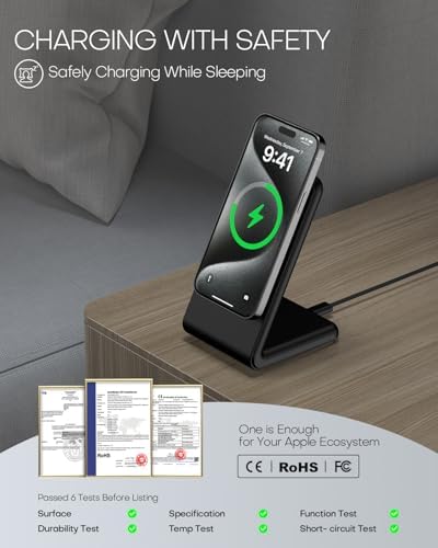 Mag-Safe Wireless Charging Stand for i Phone 16 – Fast Charging with 20 W Adapter & 5 Ft Cable, Magnetic Alignment for i Phone 15/14/13/12 – Sleek Black Design for Effortless Charging and Enhanced Compatibility