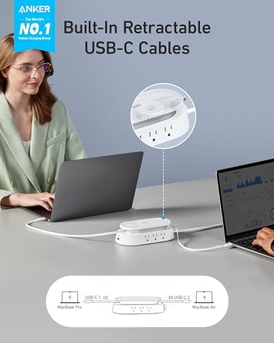 Maximize Productivity with the Anker 647 10-in-1 Charging Station: High-Power Hub Featuring 6 AC Outlets, USB-A & USB-C Ports, Dual 3 ft Retractable Cables, and 5 ft Extension Cord – Ideal for Modern Office Environments and Rapid Device Charging with Cutting-Edge Power Delivery Technology