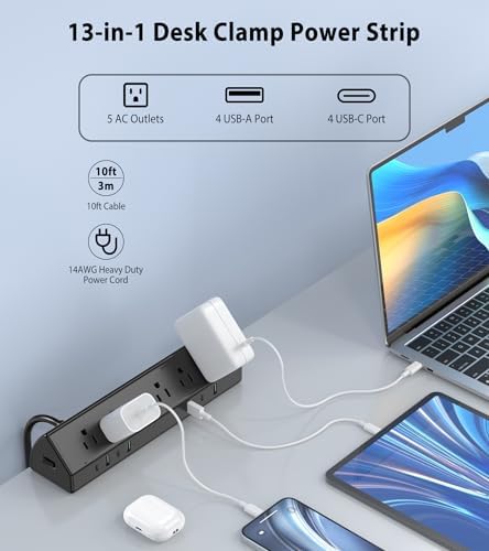 Maximize Efficiency with the 45 W Desk Clamp Charging Station – 4 PD USB-C Ports & 5 AC Outlets, ETL Listed Surge Protector for Ultimate Device Protection, 14 AWG Heavy-Duty Cord, Secure Fit for 1.9″ Tabletops (Black, 6 FT Cable) – Your All-in-One Power Solution for Home and Office