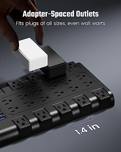 Power Strip Surge Protector by SUPERDANNY – 22 Outlets, 45 W Type-C Fast Charging with 4 USB-A & 2 USB-C Ports, 2100 Joules Protection, 15 A/1875 W Capacity, 6.5 Ft Flat Plug Extension Cord – Ideal for Home Streaming & Gaming Setup