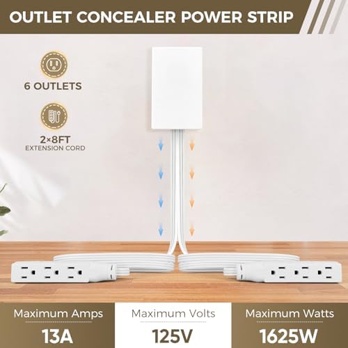 Revolutionize Your Power Access with the Outlet Concealer Power Strip – 3 AC Outlets, 5 ft Flat Plug Extension Cord for Home, Office & Kitchen – Child & Pet Safe Design, Universal Compatibility, 1625 W Capacity, Ideal for Streamlined Electronics Management