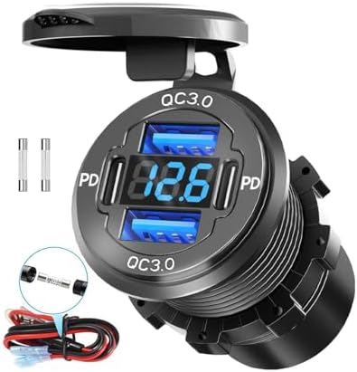 Powerful 78 W Quad-Port 12 V USB Charging Hub – Dual QC3.0 & PD3.0 Quick Charge Car Charger with Integrated Voltmeter, Waterproof Aluminum Alloy Design for Cars, Boats, RVs, ATVs, and More – Optimal Device Compatibility and Speed Enhancements