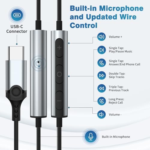 Premium USB C Wired Earbuds for i Phone 16/15 Pro Max, Samsung Galaxy S24+/S23/S22/S21 FE, and Pixel 7/6/5/4 – Hi-Fi Stereo Sound with Built-in Microphone and Volume Control, Ideal for Music and Calls, Durable and Lightweight Design for All-Day Comfort