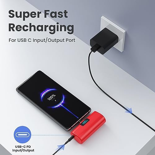 Compact 5200 m Ah Power Bank with Built-In USB-C for i Phone 15 and Samsung Devices – Fast Charging, LCD Display, Lightweight Red Design for On-the-Go Convenience and Enhanced Compatibility