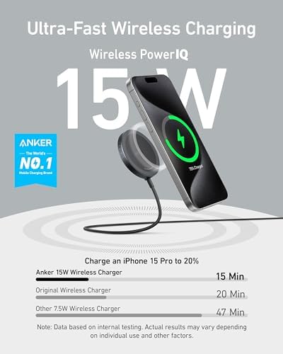 Elevate Your Charging Experience with the Anker Mag Safe Wireless Charger Pad for i Phone 16 Series – Qi2 Certified 15 W Fast Charge, USB-C Adapter Included, Compatible with i Phone 16/16 Plus/16 Pro/16 Pro Max/15/14/13/12 – Sleek, Magnetic Design Ensures Optimal Alignment and Performance