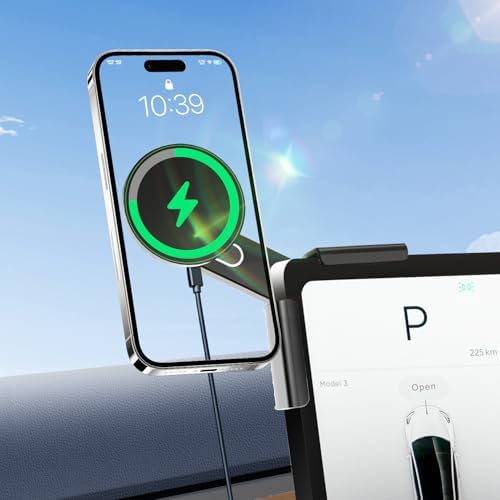 15 W Wireless Fast Charging Magnetic Phone Mount for Tesla Model Y & Model 3 – Ultimate Holder for i Phone 12-16 & Android Devices, Includes 5 ft USB-C Cable, Perfect for Safe Navigation and Hands-Free Use – Modern Tesla Accessory