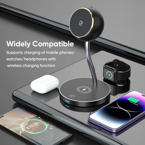 REFLEX CAMERA 4-in-1 Wireless Magnetic Charging Station for i Phone, Apple Watch & Air Pods – Fast 15 W Charging Dock with Integrated LED Lamp – Compatible with i Phone 16 Pro/16/15/14/13/12/11 – Sleek Bedside & Desktop Design – Ultimate Convenience & Organization