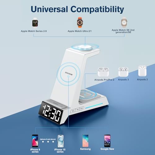Revolutionize Your Charging Routine with the 4-in-1 Wireless Charging Station Featuring Alarm Clock – Ideal Dock for i Phone 16, 15, 14, 13, 12, 11, X, 8, Air Pods 3/Pro & Apple Watch Series 9-2 – Ultimate Speed & Compatibility for Modern Devices