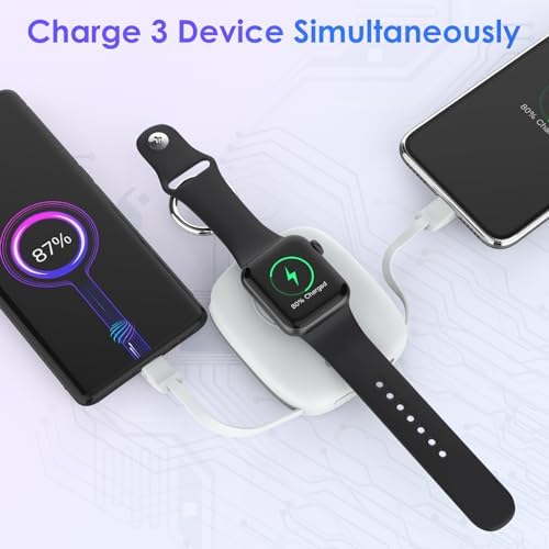 Compact 5000 m Ah Portable Charger with Built-in Cable – Keychain Power Bank for Apple Watch and i Phone – Fast Wireless Charging for Apple Watch 9/Ultra2/8/7/6/SE/5/4/3, Compatible with i Phone 15/14/13/12/11 & Android Devices – Ultimate Travel Accessory for On-the-Go Power
