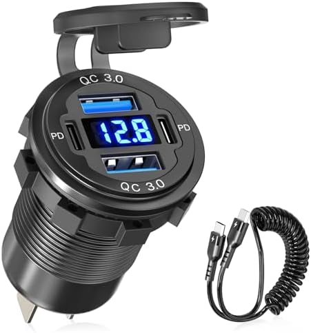 High-Power 78 W 12 V USB Car Charger – Qidoe 4-Port Dual 30 W PD & Quick Charge 3.0 Aluminum Socket with Built-in Voltmeter & 3 FT Coiled C to C Cable for Ultimate Charging Efficiency in Cars, Boats, & RVs