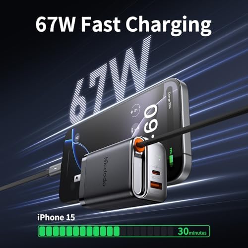 Mcdodo 67 W Ga N USB C Charger Block with Retractable Type-C Cable – Dual Port Fast Charging for i Phone 16/15, Galaxy, i Pad, and Mac Book – Compact, Foldable Design for Ultimate Portability and Enhanced Efficiency