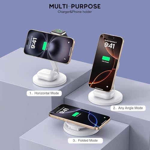 Ultimate 3-in-1 Foldable Magnetic Wireless Charging Station for i Phone, Apple Watch & Air Pods – 15 W Fast Charge Compatible with i Phone 16/15/14/13/12, Apple Watch Ultra/SE, Air Pods Pro – Compact, Portable Design with Safety Features for Home & Travel