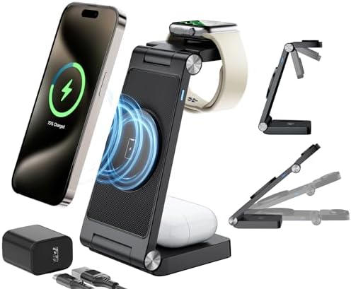 Revolutionize Your Charging Routine with the 3-in-1 Magnetic Wireless Mag-Safe Charging Station for i Phone 16, 15, 14, 13, 12 Pro Max Plus, Apple Watch, and Air Pods Pro – Fast Max Charging in a Compact, Stylish Black Design for Enhanced Efficiency and Device Organization