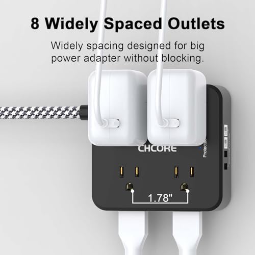 CHCORE 5 Ft Surge Protector Power Strip – 8 Outlet Power Hub with 4 USB Ports (2 USB-C) for Rapid Charging, Flat Plug Design for Space-Saving Convenience in Home and Office, ETL Certified for Enhanced Safety and Performance