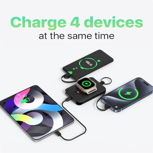 Versatile PWR Versa 4 in 1 Portable Charger for Apple Watch – 5000 m Ah Wireless Power Bank with Built-in Cables and Travel Keychain – Fast Charging, Enhanced Device Compatibility, and Durable Design for On-the-Go Power Solutions