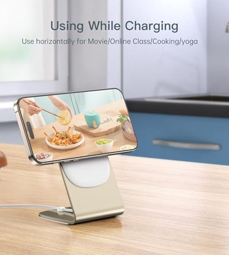 Elevate Your Charging Experience: Premium Magnetic Wireless Charger for i Phone 16/15/14/13/12 with 20 W USB-C Adapter – Fast, Elegant, and Versatile Charging Stand/PAD in Luxurious Gold – Enhanced Compatibility for Pro Max, Plus, Mini Models with 5 ft Cable for Ultimate Flexibility