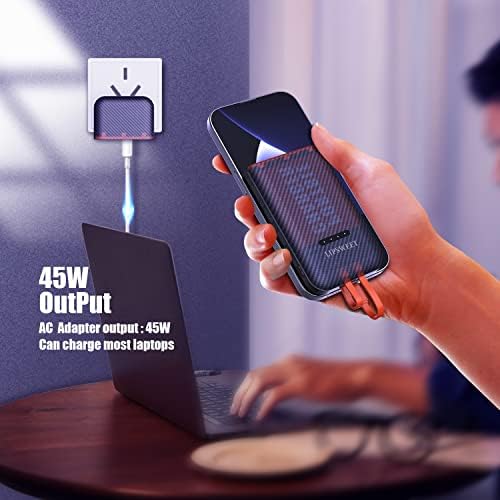 Power Your Devices Anywhere with the 45 W USB-C Portable Charger – 10000 m Ah External Battery Pack with Built-in AC Wall Plug for Rapid Charging of i Phone, Laptop & Android – 5 Outputs for Ultimate Versatility and Convenience
