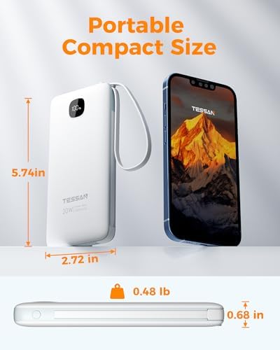 TESSAN 10,000 m Ah Portable Charger with Built-In Cables and Fast 20 W Charging – Compact Power Bank with Foldable Wall Plug for i Phone 16/15, Samsung, and Tablets – Essential Travel Companion for Uninterrupted Device Power