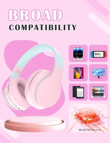 Premium Pink Over-Ear Bluetooth 5.3 Headphones – Versatile Wireless Audio Solution for Kids and Adults with 10-Hour Battery, Adjustable Fit, and Built-In Microphone for Effortless Connectivity and Comfort during School, Travel, or Home Use