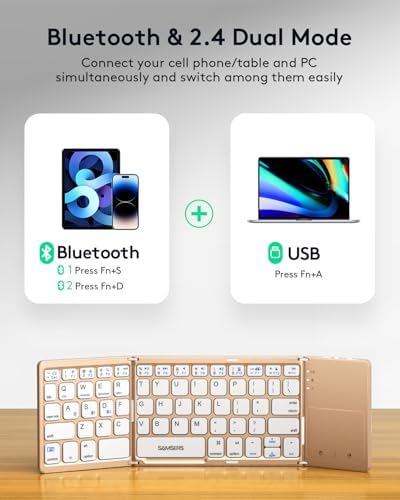 Samsers Portable Bluetooth Keyboard with Touchpad – Ultra-Slim Foldable Wireless Keyboard for Effortless Typing on Android, Windows, and i OS Devices – Rechargeable, Travel-Friendly Design with Device Holder – Black