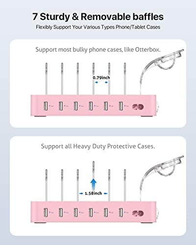Soo Pii Elegant Pink 6-Port USB Charging Station Organizer – Fast Multi-Device Charging Hub with 6 High-Speed Cables and i-Watch Holder – Ultimate Solution for Neat Workspaces and Efficient Device Management