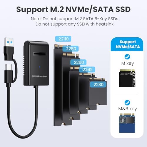 Ultra-Fast M.2 NVMe & SATA Reader Adapter – Versatile USB A & C Enclosure for All M Key & B+M Key SSDs, Compatible with 22110/2280/2260/2242/2230, Lightweight Plastic Design for On-the-Go Data Transfer and File Access