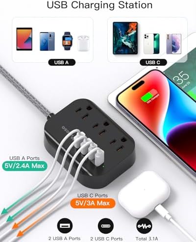 Maximize Your College Dorm Experience with a 15 Ft Power Strip Featuring USB Ports – Flat Extension Cord for Multi-Device Charging, Ideal Desk Accessory for Travel and Cruise Ships, Non-Surge Protector for Enhanced Compatibility and Speed