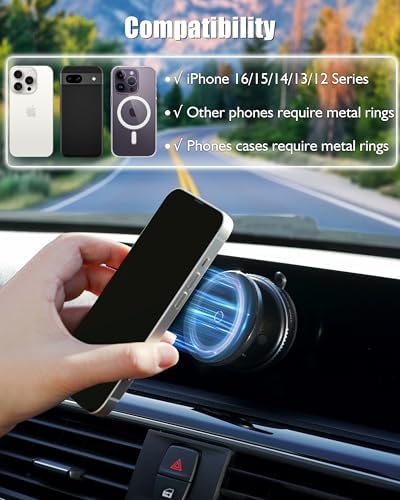 Latest Magnetic Phone Holder for Car Dashboard – Vacuum Suction Cup Phone Mount with Adjustable Angle, Compatible for Cell Phone (Use Metal Ring) – Secure Mirror/Glass/Desk Use – Enhanced Compatibility and Speed