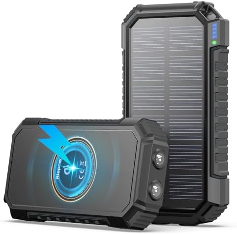 26800 m Ah Riapow Solar Power Bank – High-Capacity Wireless Portable Charger with USB C PD & QC3.0 Fast Charging – 4 Output Ports for Simultaneous Device Charging – Dual Flashlights for Camping & Emergency Use – Ultimate Outdoor Power Solution