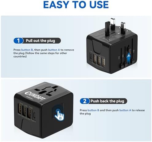 Unidapt Universal Travel Adapter: High-Speed 2.4 A 4-Port USB Charger for Global Use – Compact International Plug Adapter for Europe, USA, UK, Australia – Stylish Blue Design with Safety Features for Hassle-Free Charging on the Go
